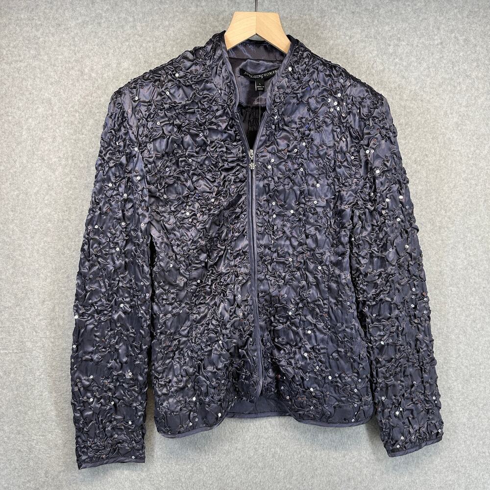 Adressing Jacket Womens Large Gunmetal Gray Sequin Crinkle Embellished Full Zip - Picture 1 of 14
